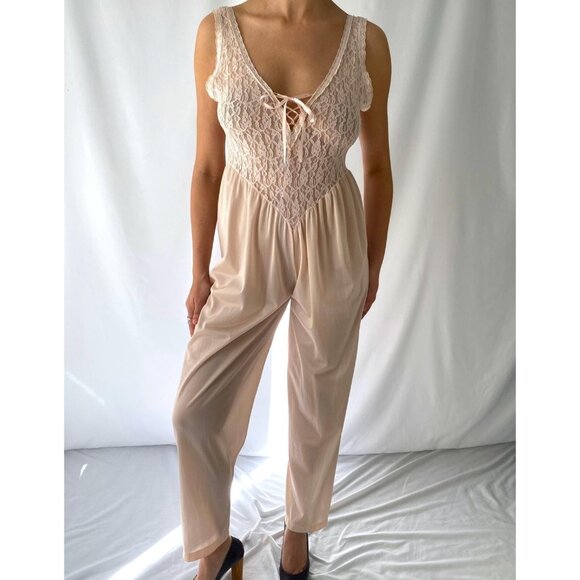 Vintage Other - 80s vintage pink lace lingerie sleeveless one piece jumpsuit romper nightgown